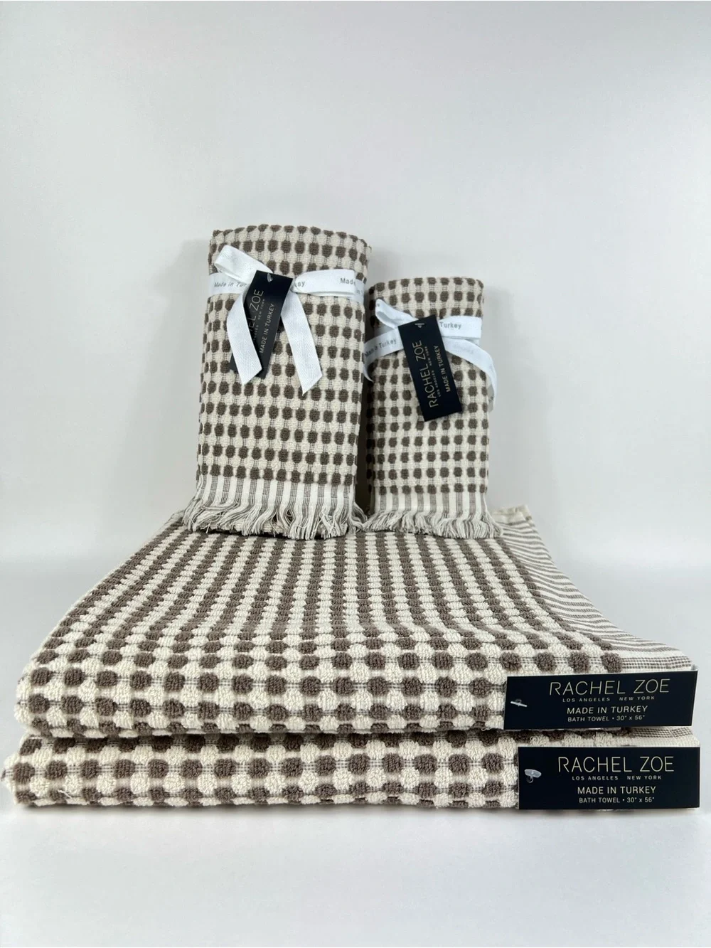 Rachel Zoe Bath Towel Set Brown & Cream Waffle Weave Soft Cotton 6 Pc Set NEW